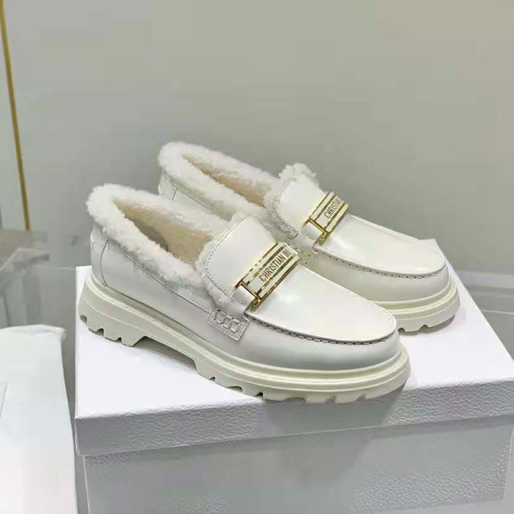 GIÀY Dior Women Code Loafer White Brushed Calfskin and Shearling