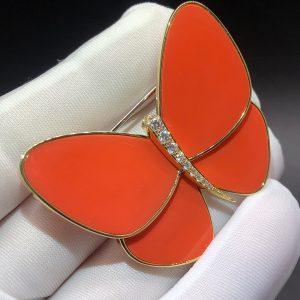 Trâm cài Van Cleef & Arpels Orange Coral Diamond Butterfly Clip vàng hồng 18K