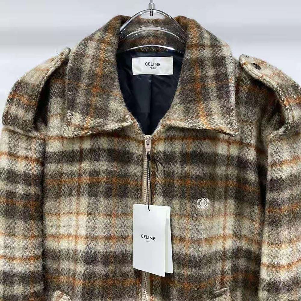 ÁO Celine Loose Teddy Jacket in Brushed Checked Tweed