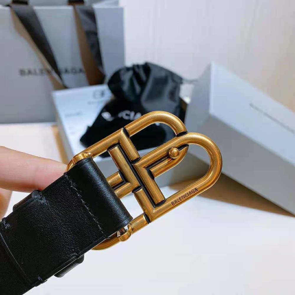 DÂY LƯNG Balenciaga Women New BB Belt in Black Calfskin and Aged Gold Buckle