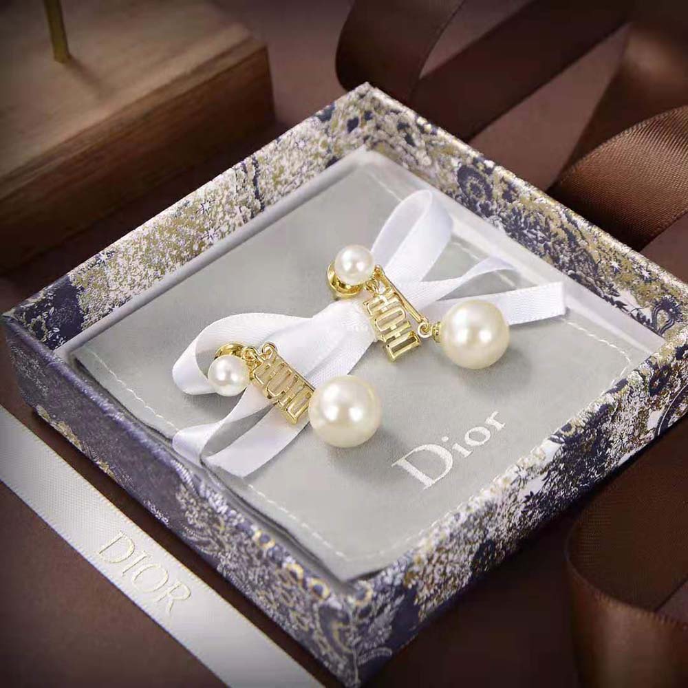 Bông tai Dior Women Earrings Gold-Finish Metal and White Resin Pearls