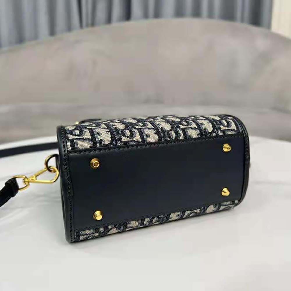 TÚI Dior Women Small Boston Bag Blue Dior Oblique Embroidery and Smooth Calfskin