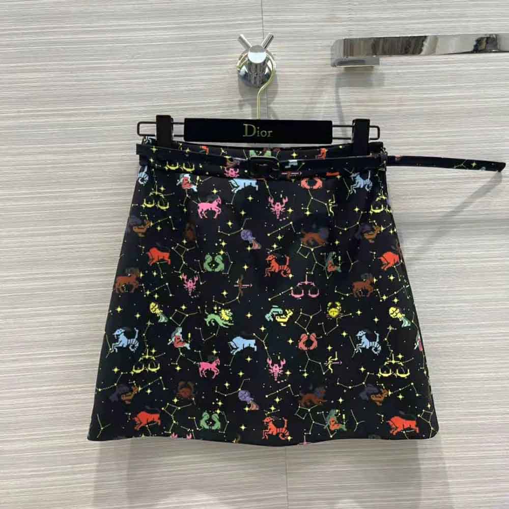 Chân váy Dior Belted Short Skirt Black Wool and Silk Jacquard with Multicolor Dior Pixel Zodiac Motif