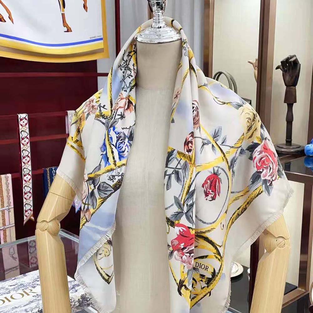 KHĂN Dior Granville 90 Square Scarf White and Gray Silk Twill