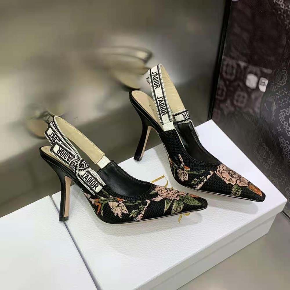 GIÀY Dior Women J’Adior Slingback Pump Black Multicolor Cotton with Dior Jardin Botanique Embroidery