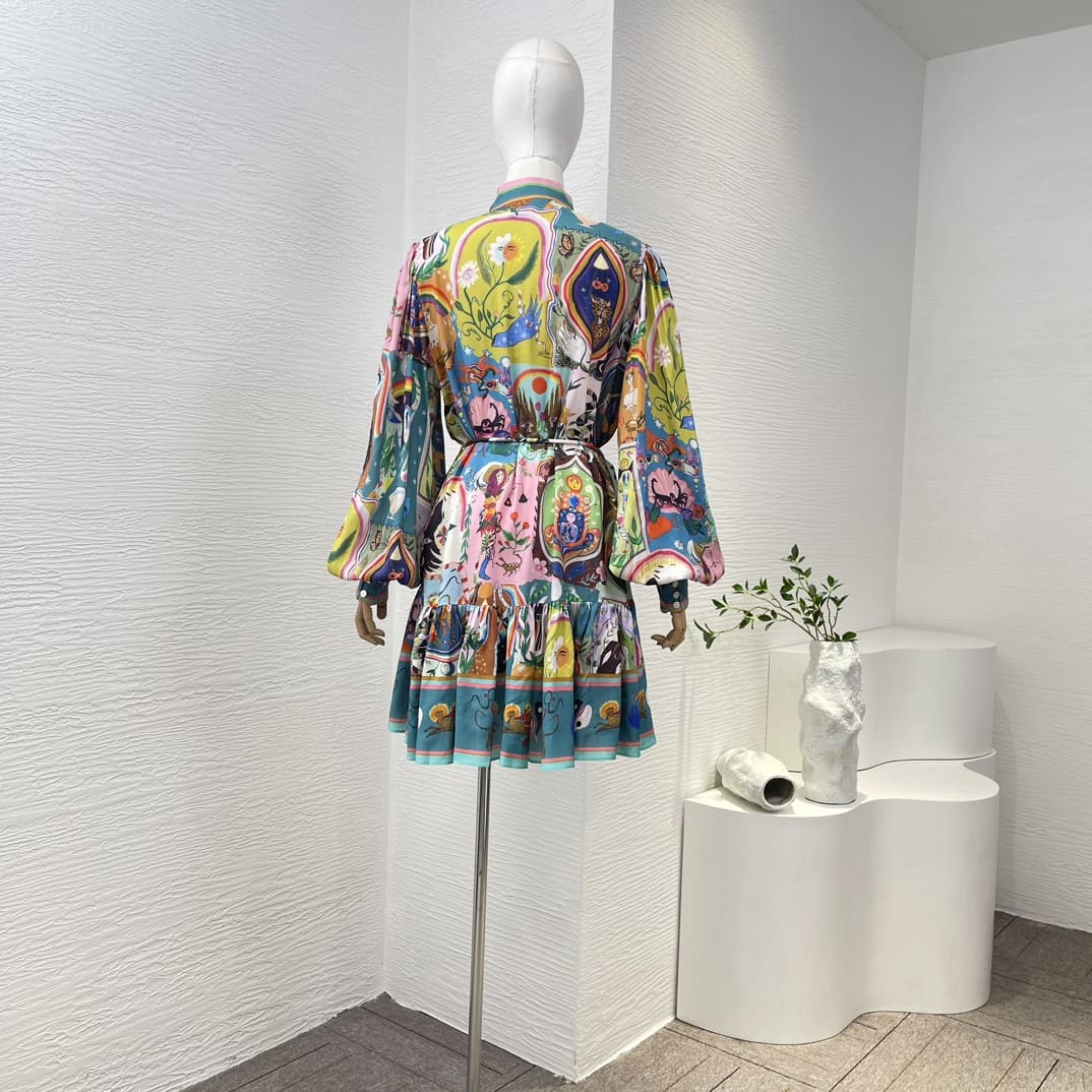 VÁY ZIMMERMANN Animals Print Long Lantern Sleeve Loose Mini Dress High Classy