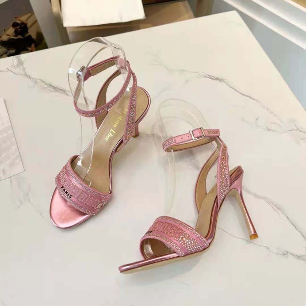 GIÀY Dior Women Dway Heeled Slide Pink Cotton Embroidered with Metallic Thread and Strass