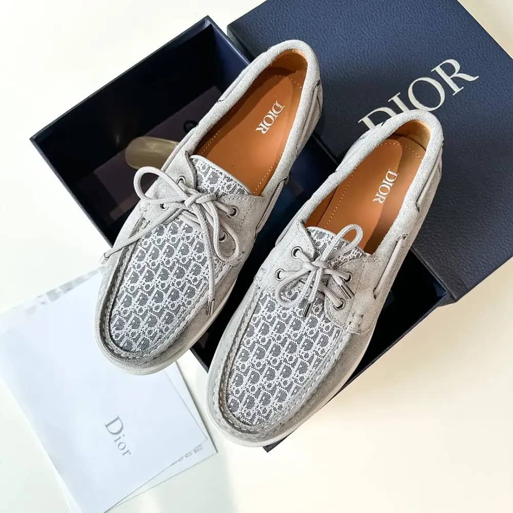 GIÀY DIOR Granville Boat Shoe Dior Gray Suede and Dior Oblique Jacquard