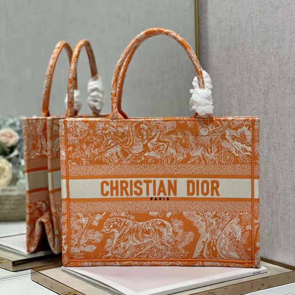 TÚI Dior Women Medium Dior Book Tote Fluorescent Orange Toile de Jouy Reverse Embroidery