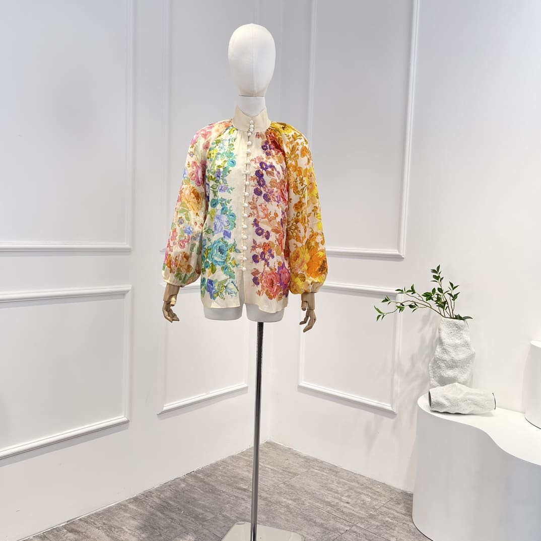 VÁY ZIMMERMANN Floral Printing Stand Collar Button Long Sleeve Blouse and Belt Shorts Woman Set High Classy