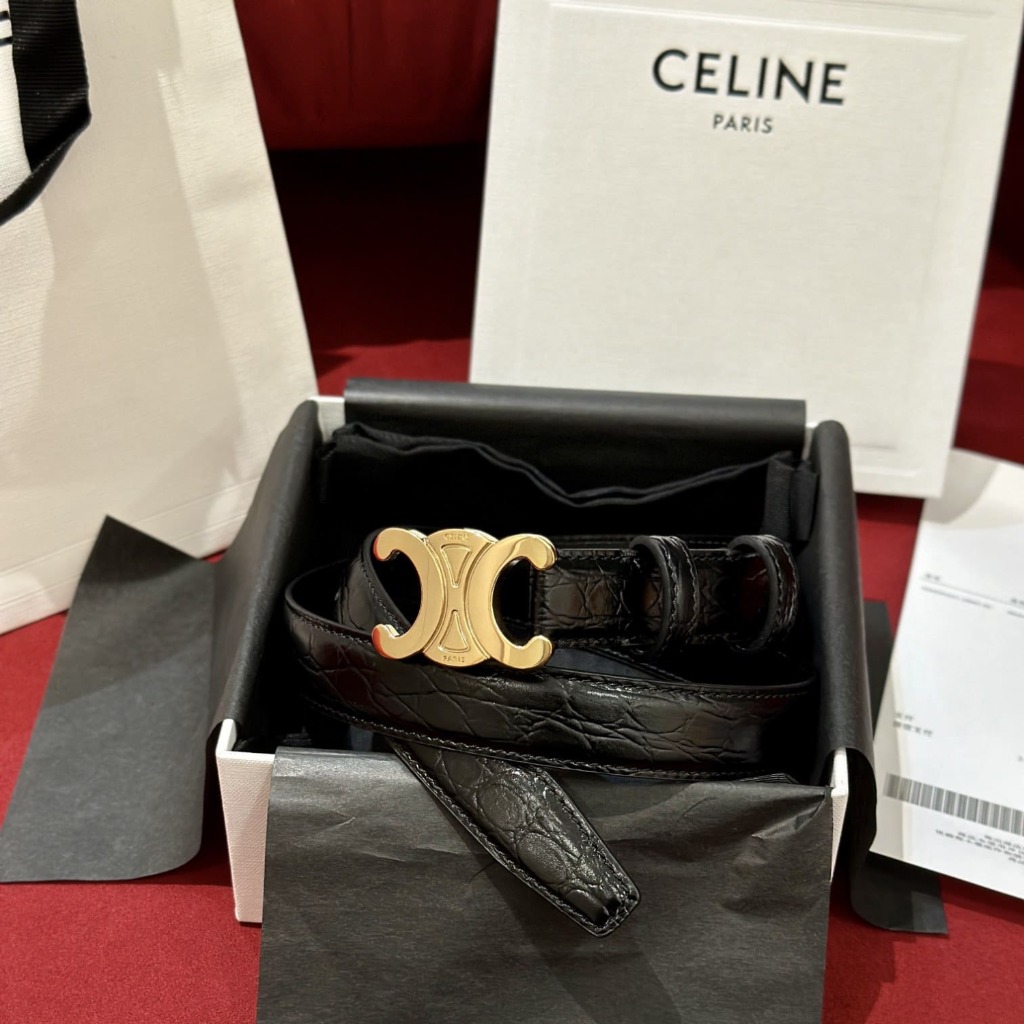 DÂY LƯNG CELINE TRIOMPHE Black Crocodile and Gold Buckle