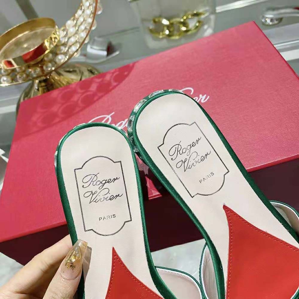 DÉP Roger Vivier Women Strass Heel Covered Buckle Mules in Satin-Green
