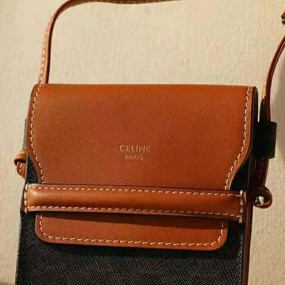 TÚI Celine Women Phone Pouch with Flap in Triomphe Canvas and Lambskin-Brown