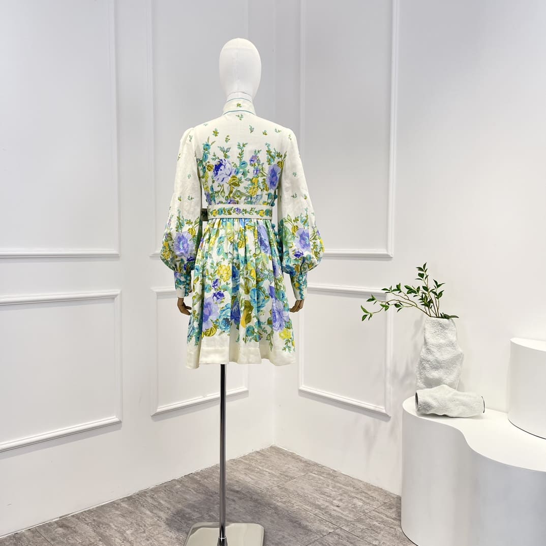 VÁY ZIMMERMANN Floral Printing Spring Summer Mandarin Collar Mini Dresses with Belt High Classy