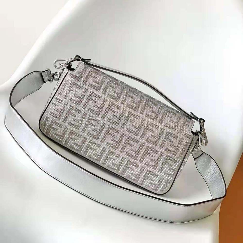 TÚI FENDI  Women Baguette Silver Leather Bag with Crystal FF Motif