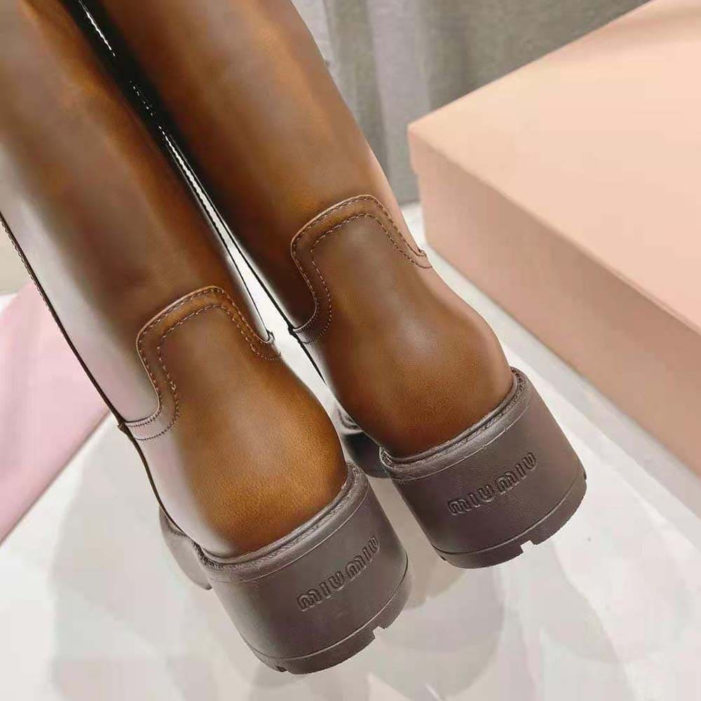 GIÀY Miu Miu Women Fumé Leather Boots-Brown