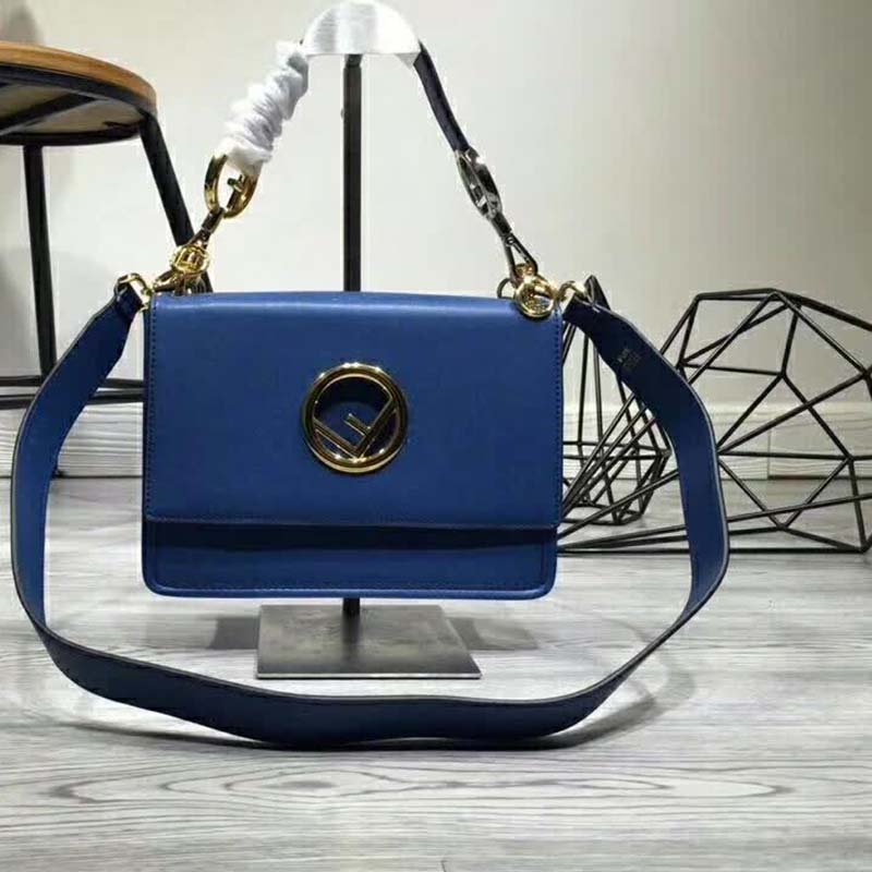 TÚI Fendi KAN I F Top Flap Leather Bag with Strap-Navy