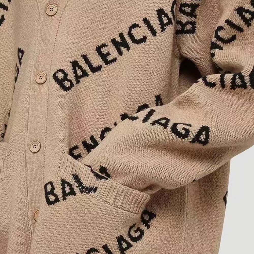 ÁO Balenciaga Women Mini Allover Logo Cardigan in Beige and Black Cotton Knit