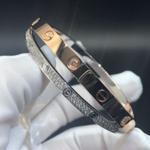 Vòng tay Cartier Pink & White Gold Pave Diamonds Double Love Bangle 18K