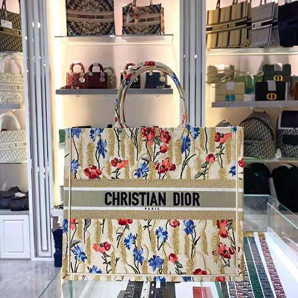 TÚI Dior Women Dior Book Tote Beige Dior Hibiscus Embroidery