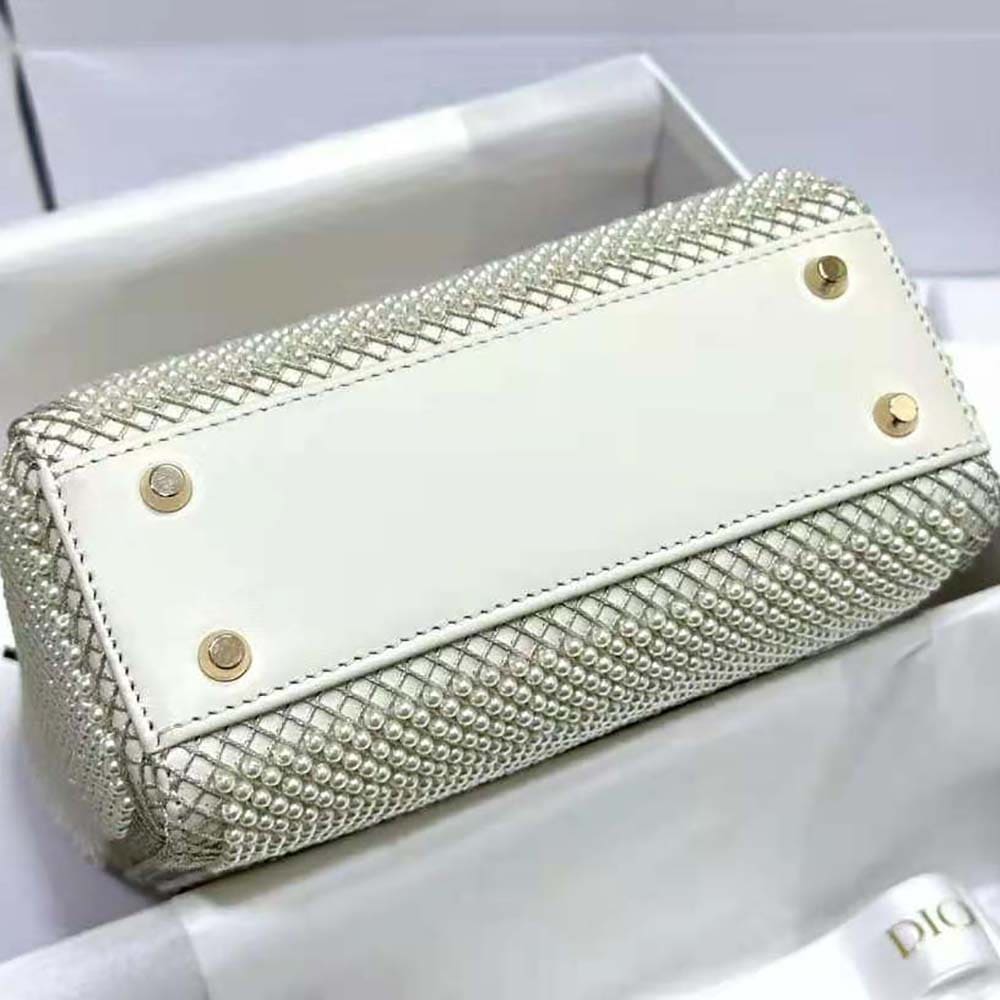 TÚI Dior Women Mini Lady Dior Bag Latte Calfskin Embroidered Entirely with White Resin Pearls