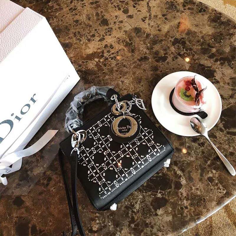 TÚI Dior Mini Lady Dior Bag in Black Cannage Satin with Rhinestones