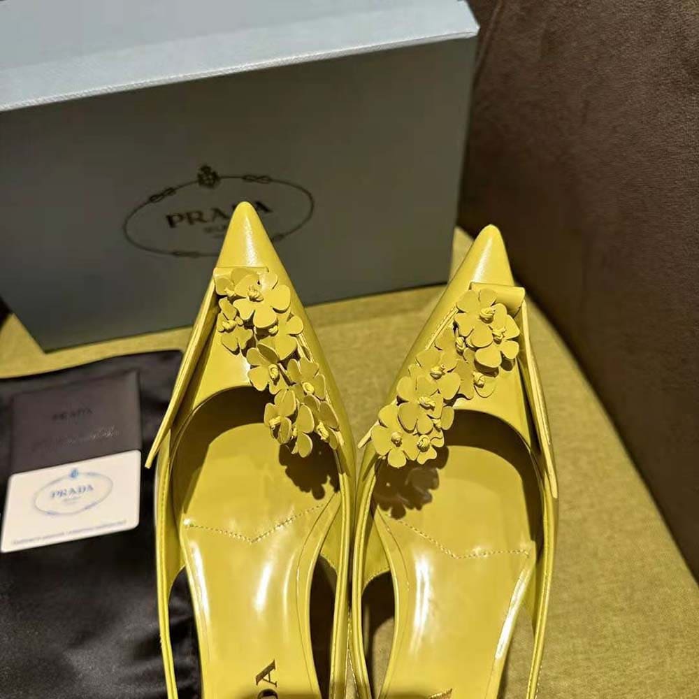 GIÀY Prada Women Brushed Leather Slingback Pumps with Floral Appliques-Yellow