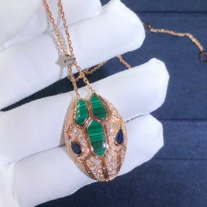 Vòng cổ BVLGARI Serpenti đá Sapphire Malachite & kim cương Pave vàng hồng18K