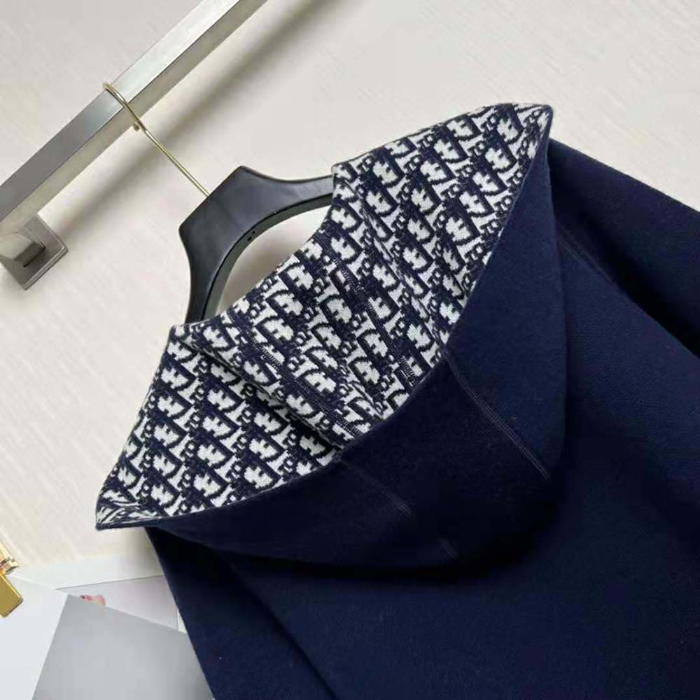 ÁO Dior Women Cropped Coat with Hood and Belt Navy Blue Double-Sided Wool