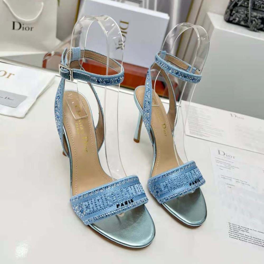 GIÀY Dior Women Dway Heeled Slide Blue Cotton Embroidered with Metallic Thread and Strass