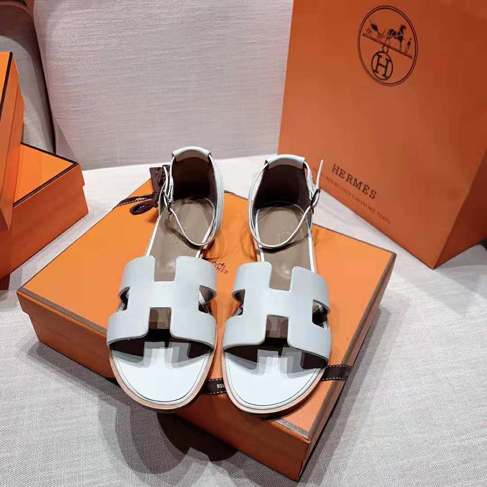 GIÀY Hermes Women Santorini Sandal in Calfskin Leather-White SS2022