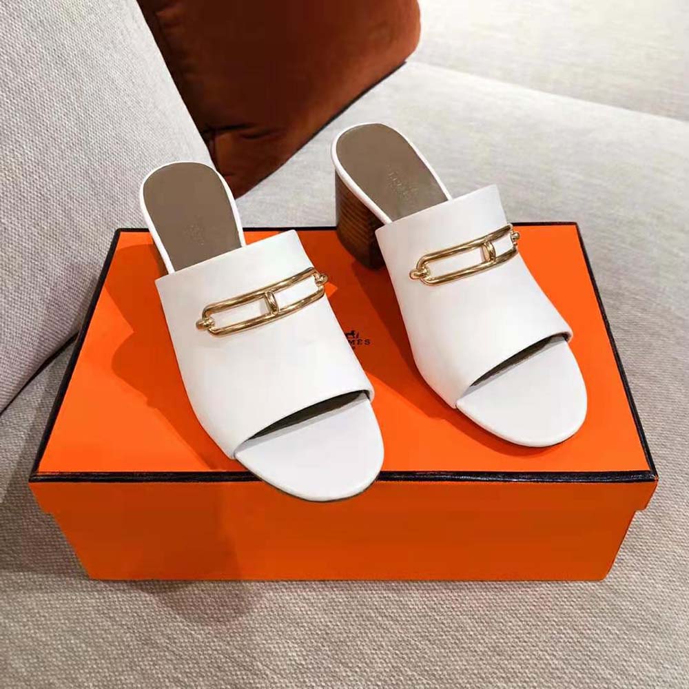 GIÀY Hermes Women Camilla Mule High Heel Mule in Calfskin-White SS2022