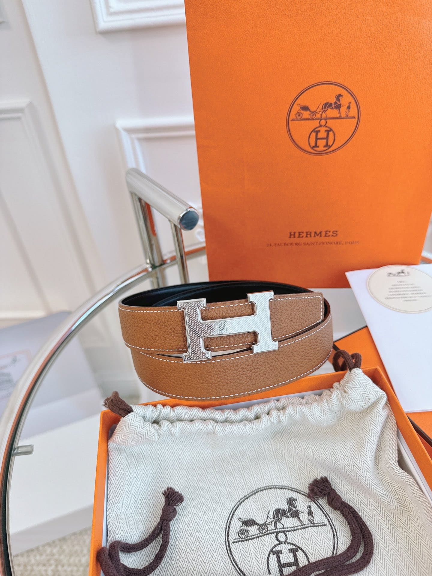 DÂY LƯNG HERMES H BROWN Togo leather hai mặt khóa vàng