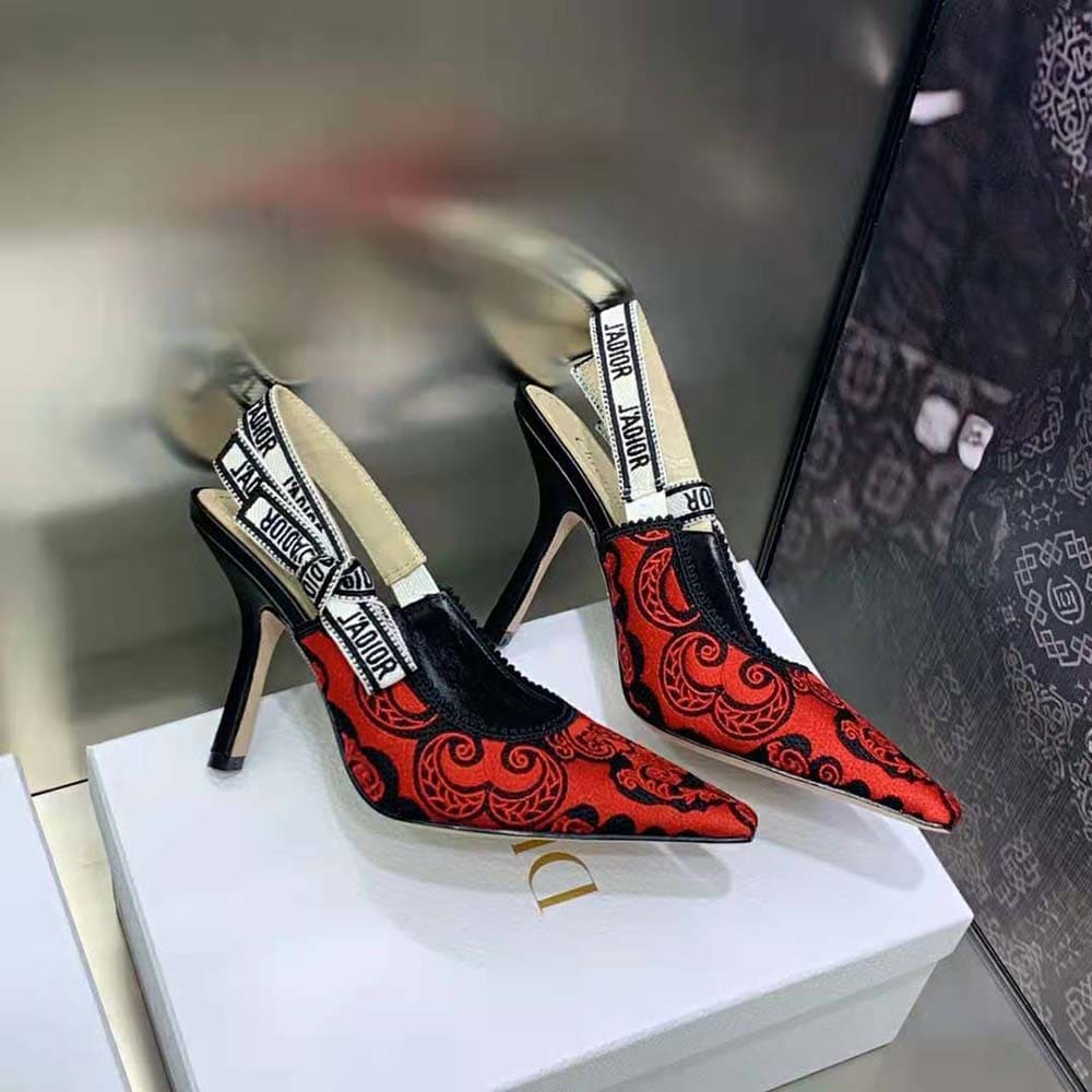 GIÀY Dior Women J’Adior Slingback Pump Black and Red Cotton with Dior Bandana Embroidery