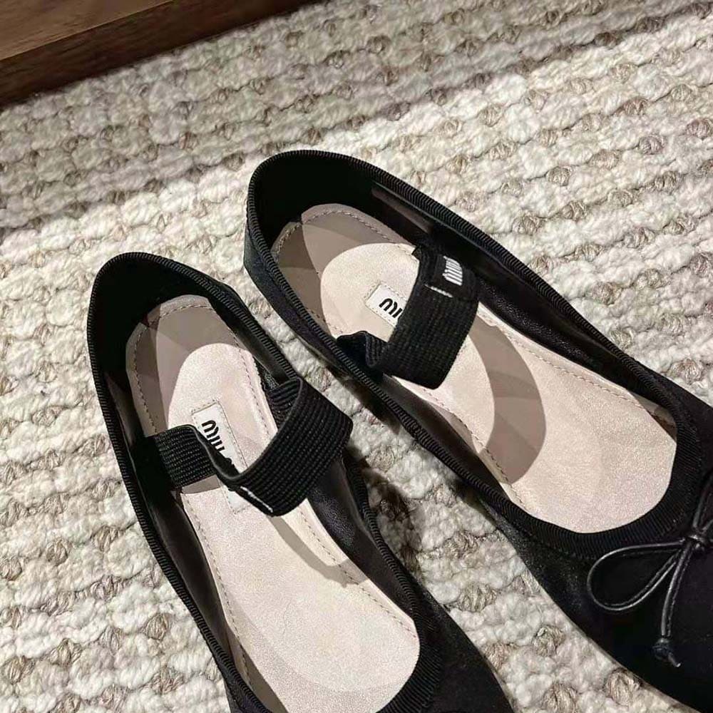 GIÀY Miu Miu Women Satin Ballerinas with Knit Logo Label-Black