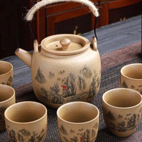 Bộ Trà Gốm Mộc Vẽ Sơn Thủy