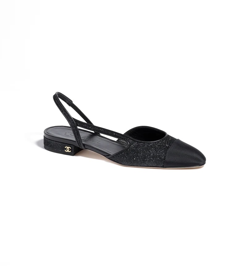 GIÀY SANDAL CHANEL SLINGBACK Hạt đá & Vải Grosgrain Bạc & Đen 20MM