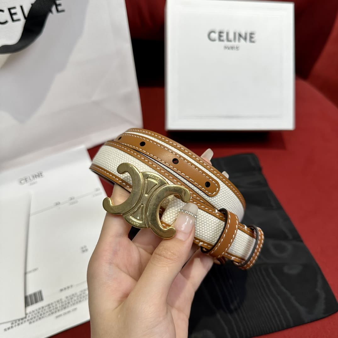 DÂY LƯNG CELINE TRIOMPHE White Calfskin Canvas and Gold Buckle