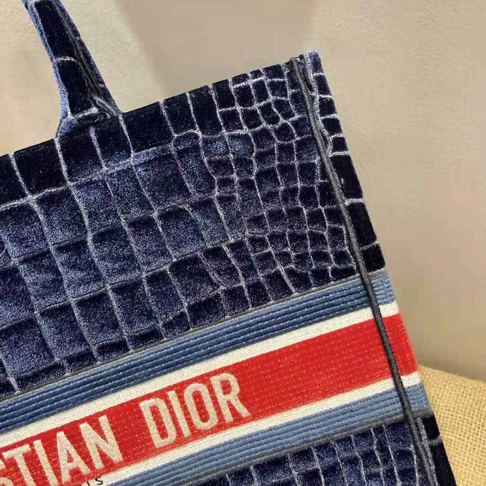 TÚI Dior Women Book Tote Blue Crocodile-Effect Embroidered Velvet