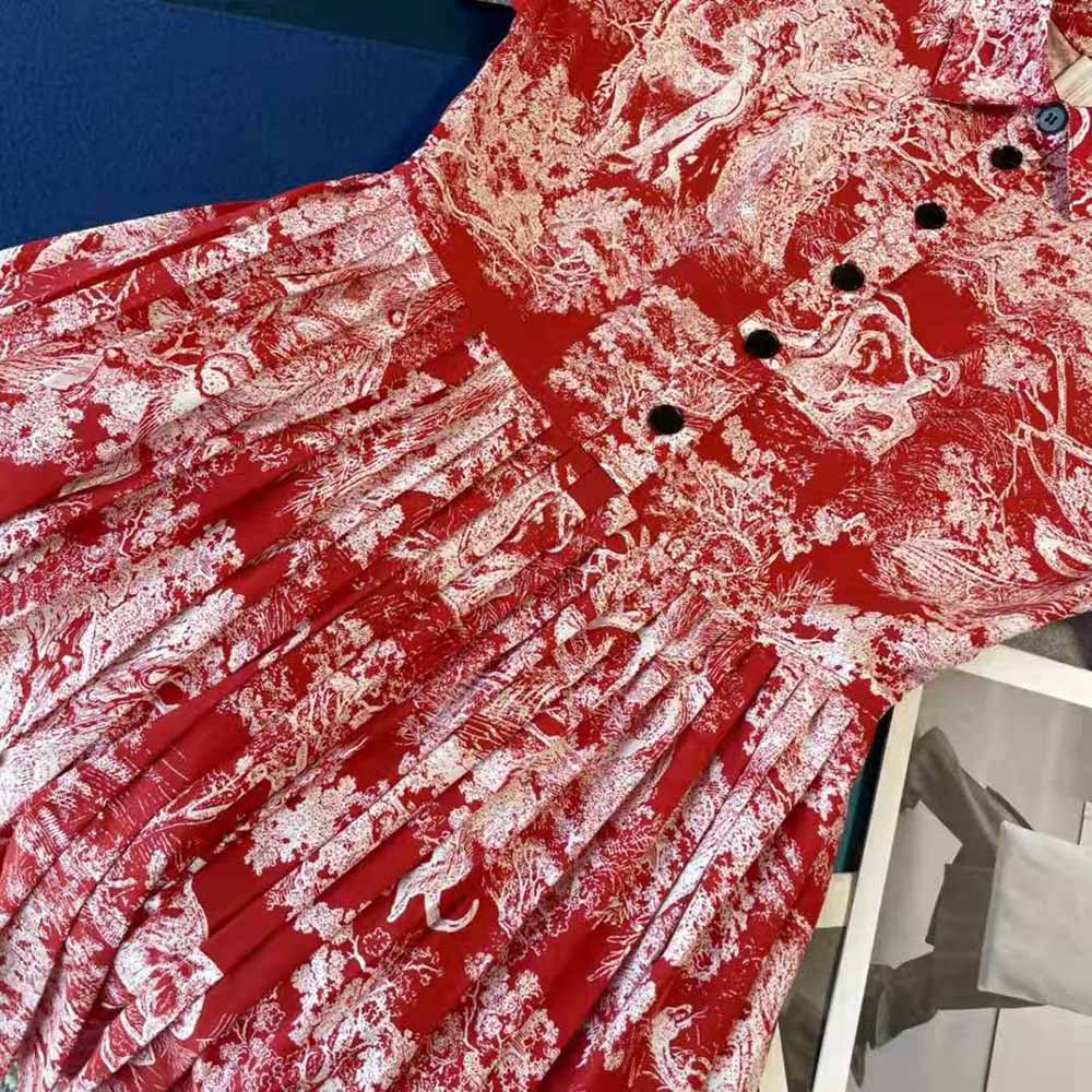 Váy Dior Dioriviera Pleated Short Dress Raspberry Toile de Jouy Reverse Cotton Poplin