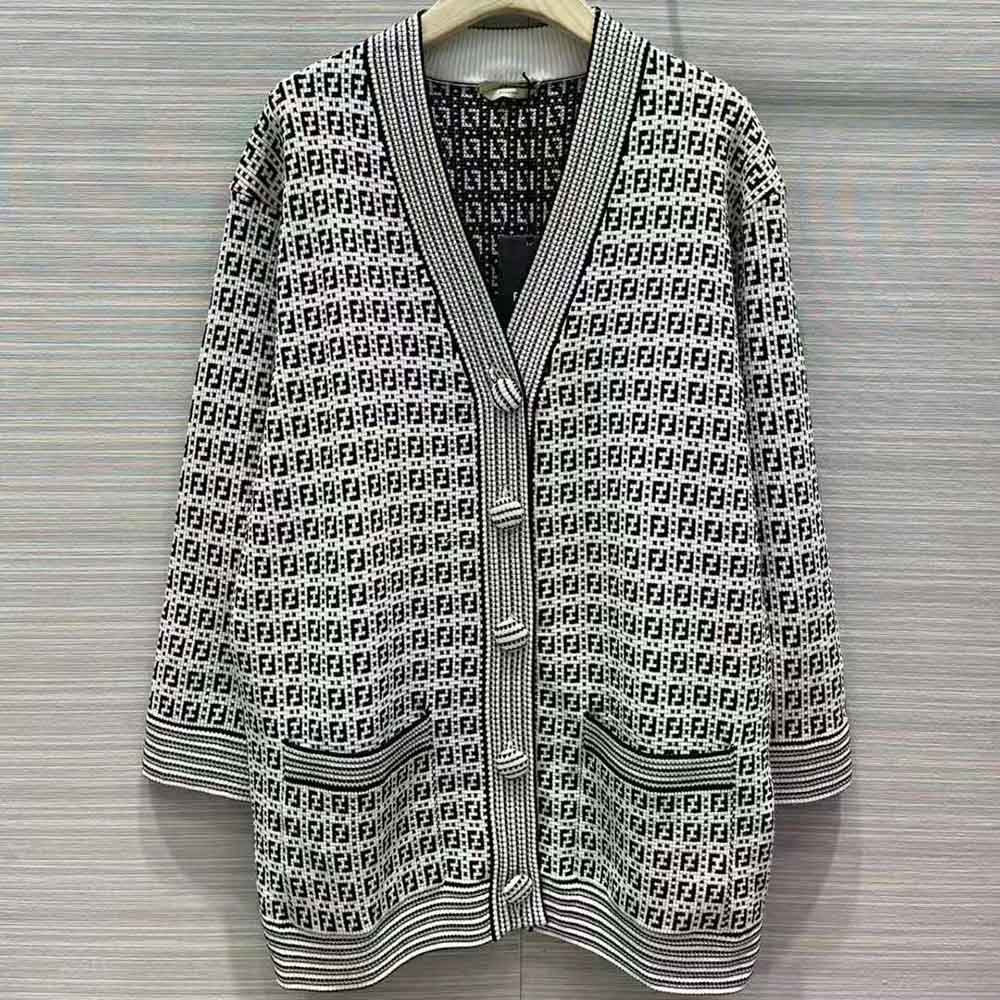 ÁO Fendi Women White Viscose Cardigan with a Black and White Jacquard FF Motif