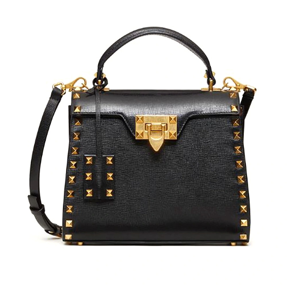 TÚI Valentino Rockstud Alcove Grainy Calfskin Handbag-Black