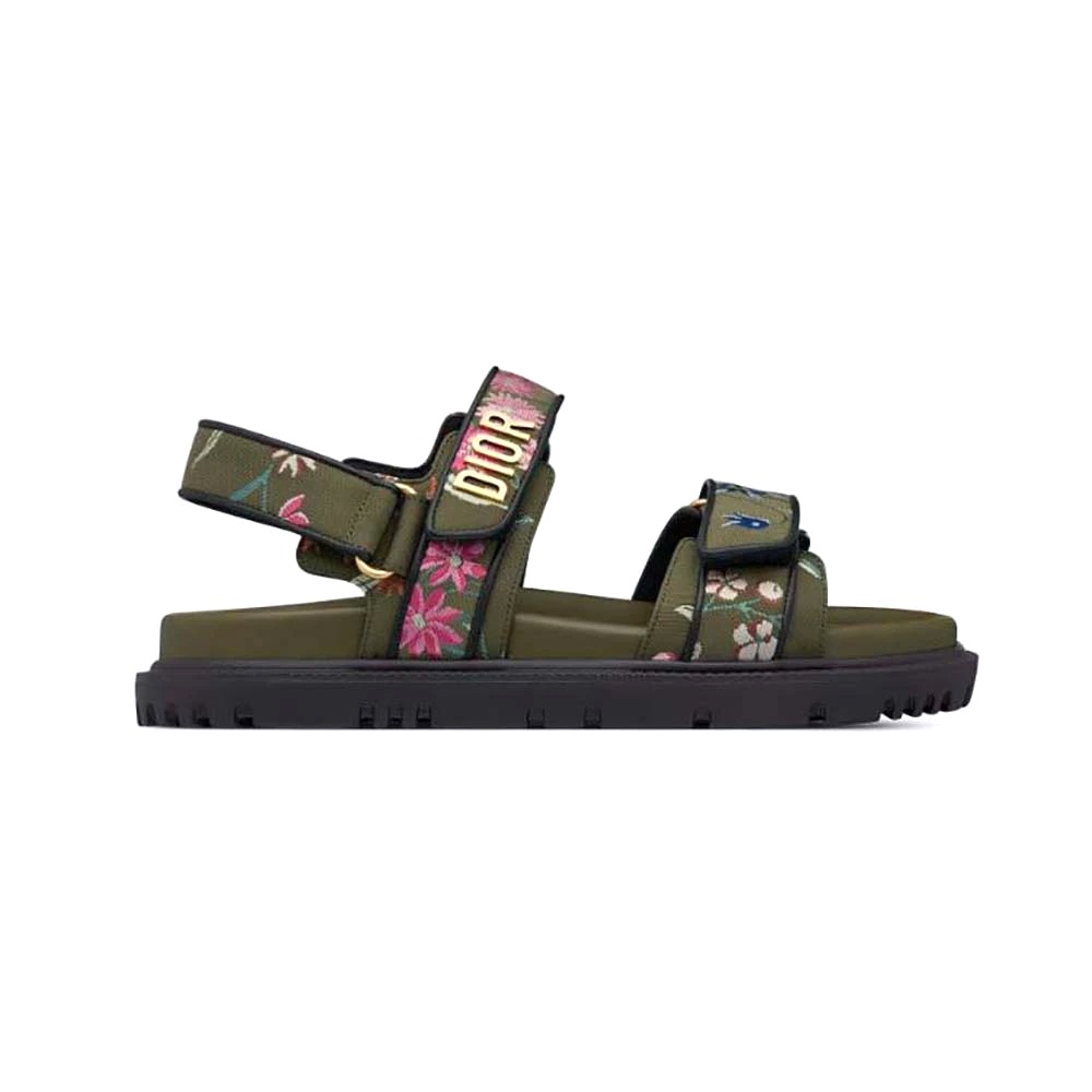 DÉP SANDAL DIOR Dioract Sandal Khaki Multicolor Technical Fabric Embroidered with Dior Petites Fleurs Motif