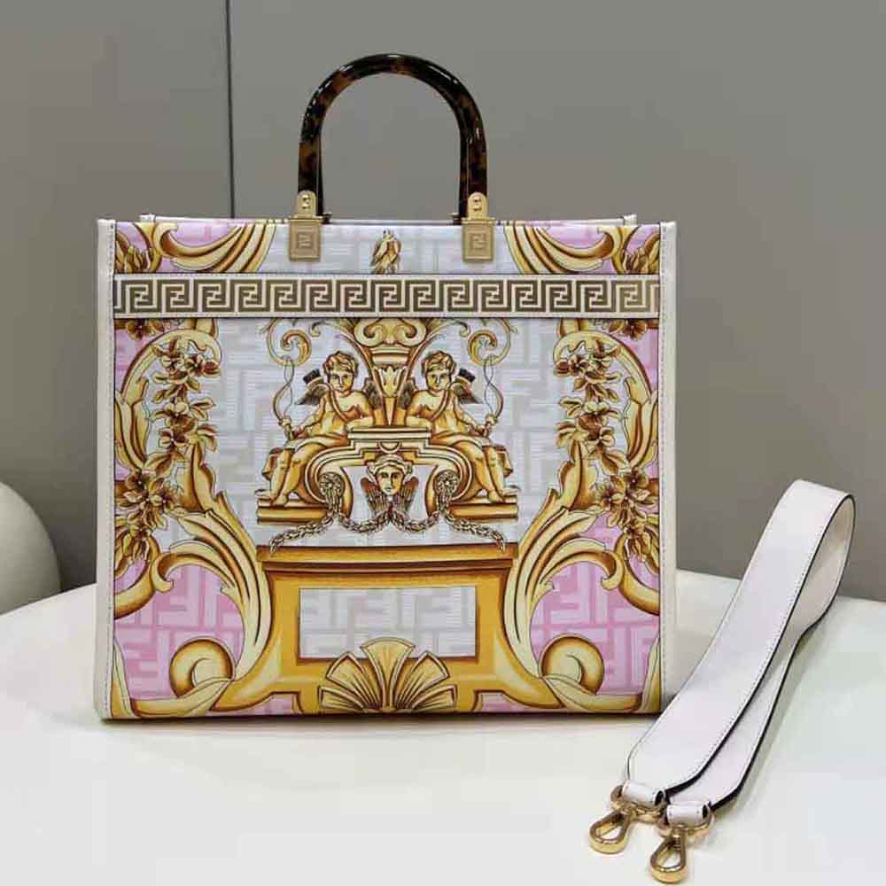 TÚI Fendi Women Sunshine Medium Fendace Printed White Leather Shopper
