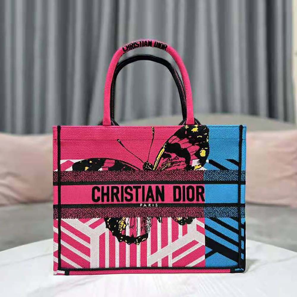 TÚI Dior Women Medium Dior Book Tote Bright Blue and Pink D-Jungle Pop Embroidery