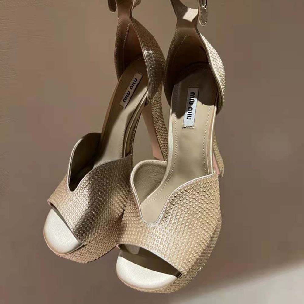 GIÀY Miu Miu Women Satin Platform Sandals with Crystals-Gold