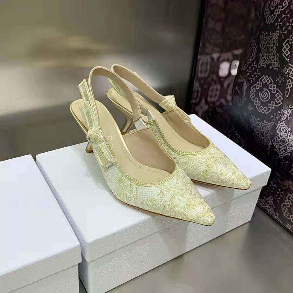 GIÀY Dior Women J’Adior Slingback Pump Gold-Tone Cotton Embroidered
