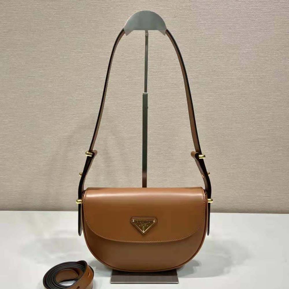 TÚI PRADA  Women Arqué Leather Shoulder Bag with Flap-Brown