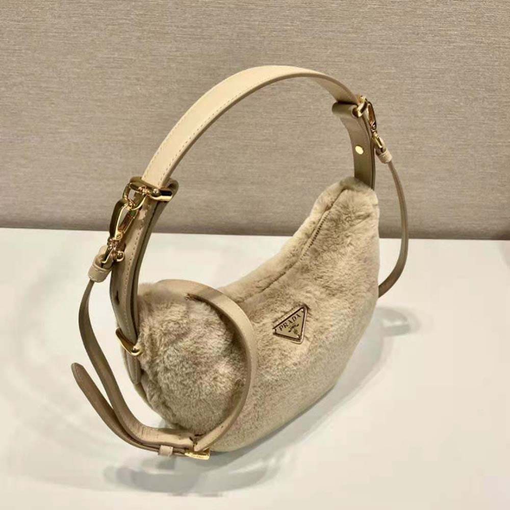 TÚI Prada Women Arqué Shearling and Leather Shoulder Bag-Beige