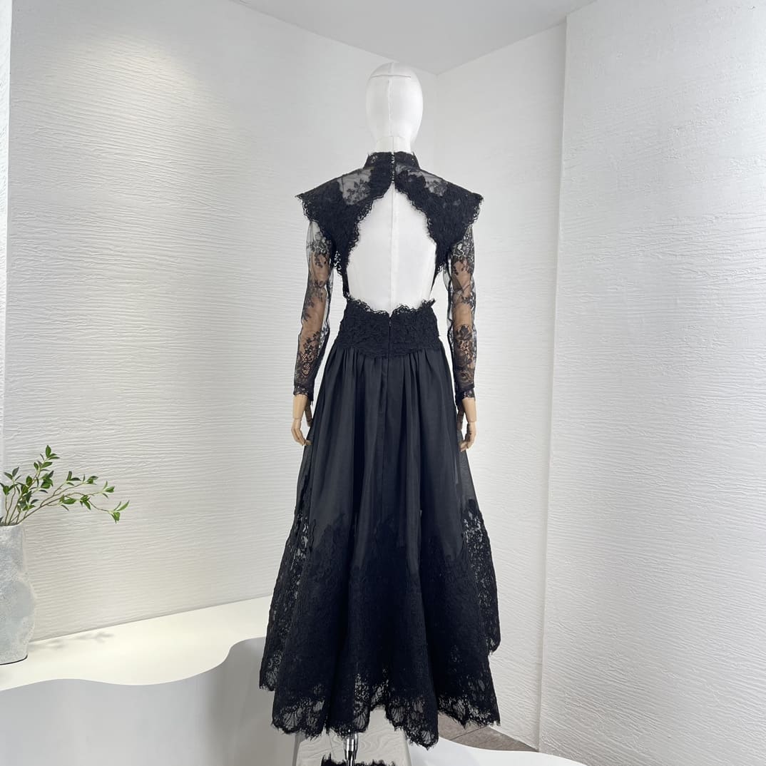 VÁY ZIMMERMANN Black Long Sleeve Lace Patchwork Midi Dress For Event High Classy